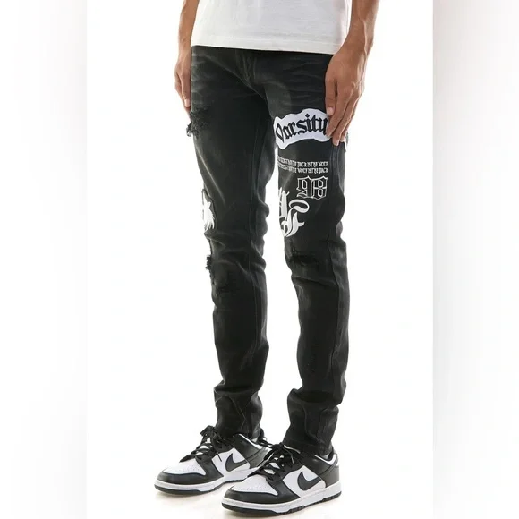 NWT KDNK Men’s Varsity Patched Grunge Jeans in Black/White Size 30